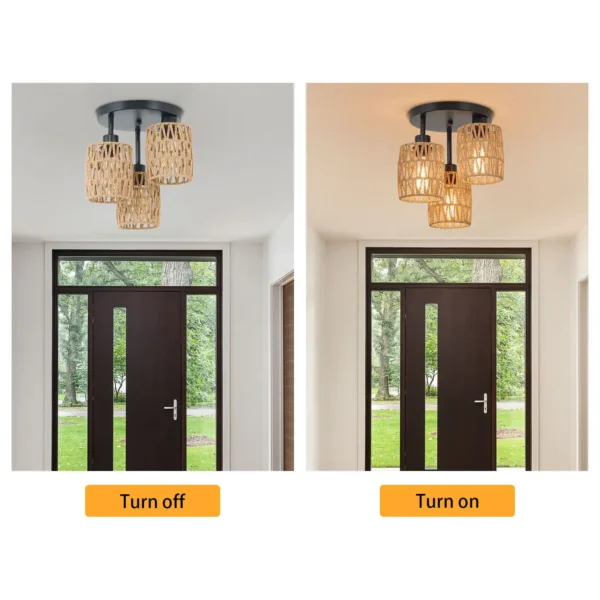 Modern Farmhouse Rattan Ceiling Lamp – 3-Light Semi Flush Mount - Image 4