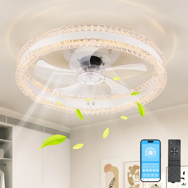 20" White LED Ceiling Fan with Light – Dimmable Flush Mount Silent Fan