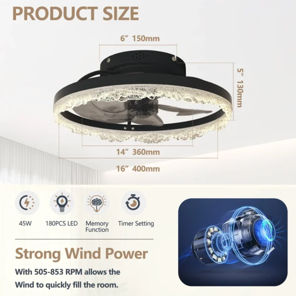 Modern LED Ceiling Fan with Crystal Edge – Remote & APP Control - Image 9