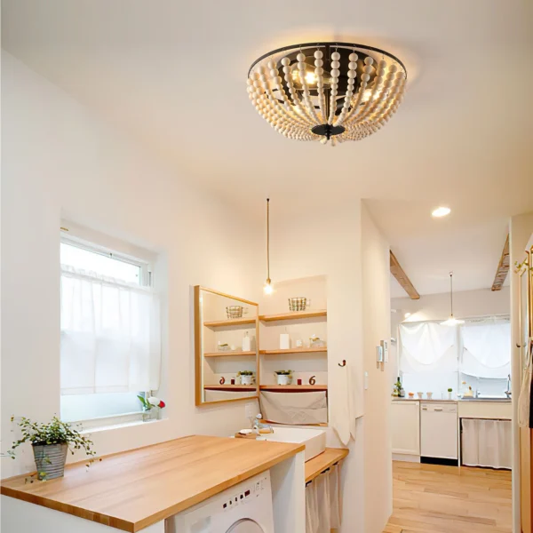 Boho 3-Light Flush Mount Ceiling Light with Wood Beads, 15" Kitchen Ceiling Fixture - Image 3