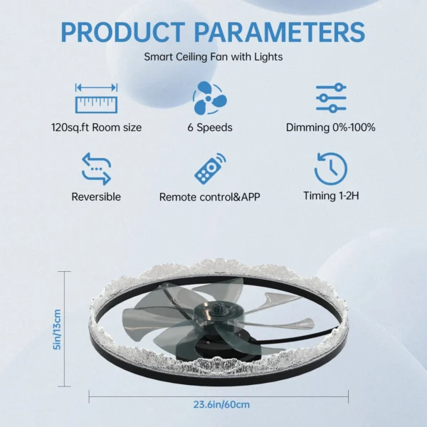 Modern LED Ceiling Fan with Crystal Edge – Remote & APP Control - Image 7