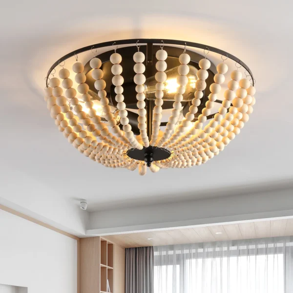 Boho 3-Light Flush Mount Ceiling Light with Wood Beads, 15" Kitchen Ceiling Fixture - Image 7