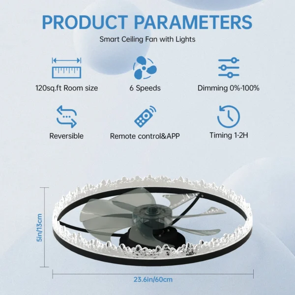 24'' Black Smart Ceiling Fan with Light – Silent Flush Mount LED Chandelier - Image 3