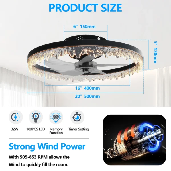 20'' Black LED Ceiling Fan with Light, Silent - Image 3