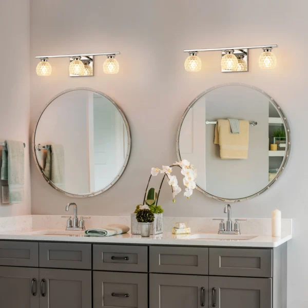 3-Light Chrome Bathroom Vanity Light – Dimmable Mirror Fixture with Glass Shades - Image 6