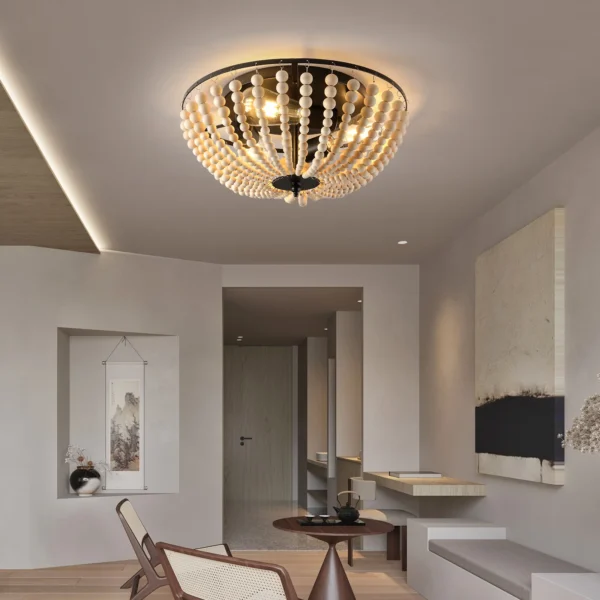 Boho 3-Light Flush Mount Ceiling Light with Wood Beads, 15" Kitchen Ceiling Fixture - Image 8
