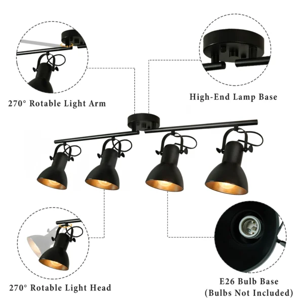 Black Industrial Track Lighting – 4-Light Ceiling Fixture for Kitchen & Gallery - Image 5