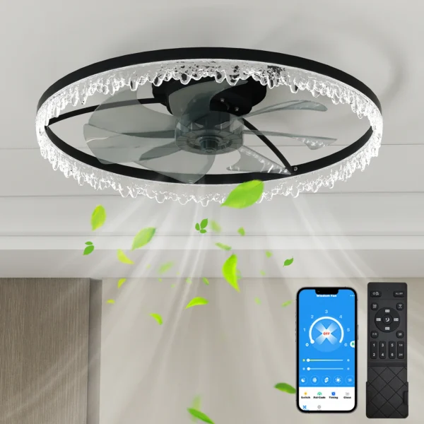 24'' Black Smart Ceiling Fan with Light – Silent Flush Mount LED Chandelier