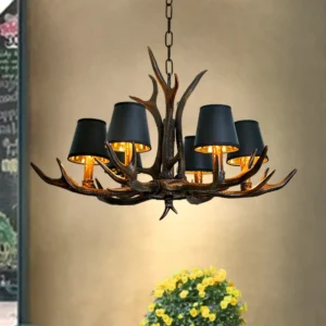 American Retro Deer Antler Chandelier with Lampshades for Home & Restaurants