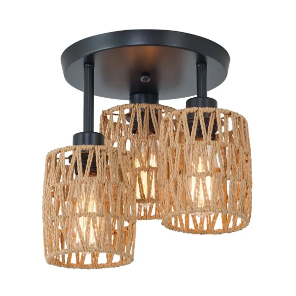 Modern Farmhouse Rattan Ceiling Lamp – 3-Light Semi Flush Mount