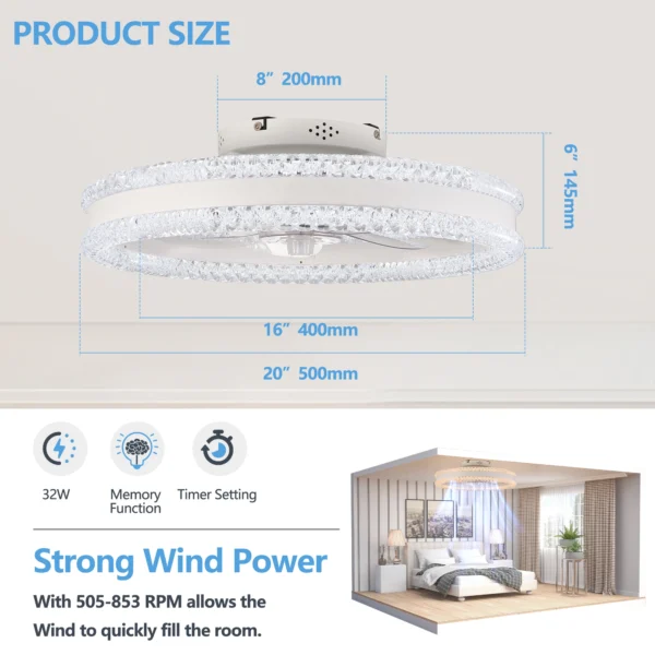 20" White LED Ceiling Fan with Light – Dimmable Flush Mount Silent Fan - Image 3