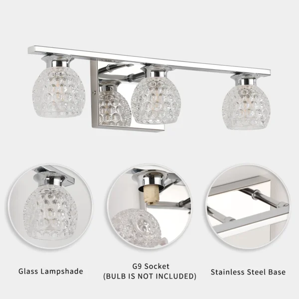 3-Light Chrome Bathroom Vanity Light – Dimmable Mirror Fixture with Glass Shades - Image 4