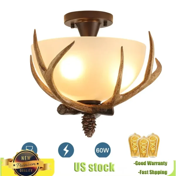 Bymaocar Antler Semi Flush Mount Ceiling Light with 3 Glass Shades – Bronze Finish - Image 4