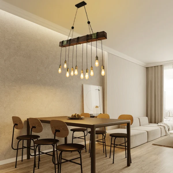 10-Light Rustic Wood Pendant Chandelier – Industrial Farmhouse Ceiling Fixture - Image 2
