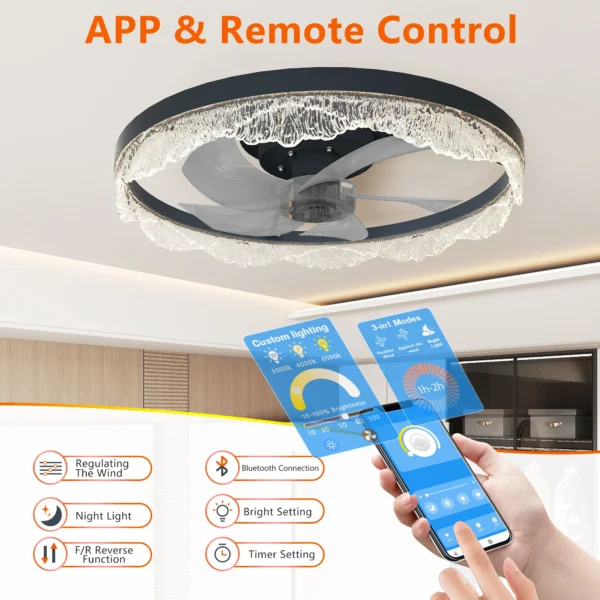 Modern LED Ceiling Fan with Crystal Edge – Remote & APP Control - Image 4