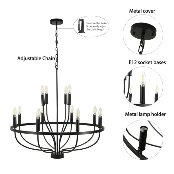 Modern Farmhouse Black Chandelier – 12-Light Ceiling Fixture - Image 4