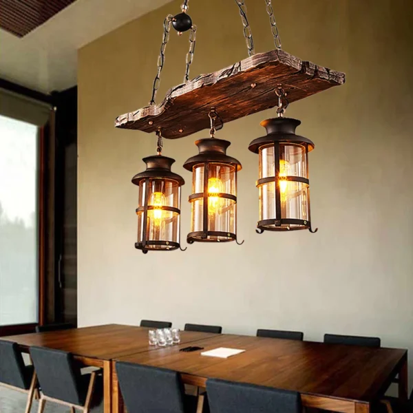Rustic 3-Light Farmhouse Chandelier, Vintage Wood Pendant Ceiling Lamp for Kitchen